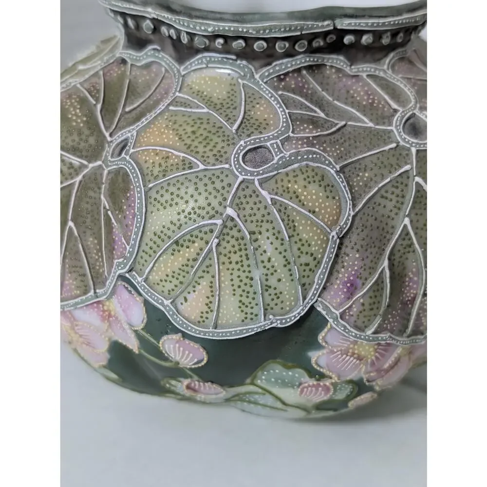 Antique Nippon Moriage Lobed Porcelain Vase Lotus Leaf Floral